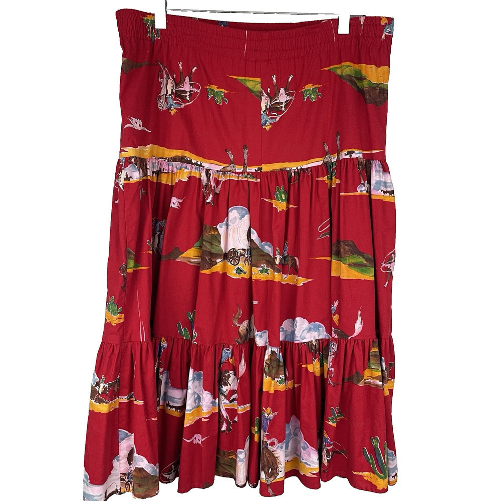 Vintage Western Tiered Midi Skirt Size Medium Red Cowboy Covered Wagon Rodeo USA - Picture 2 of 5